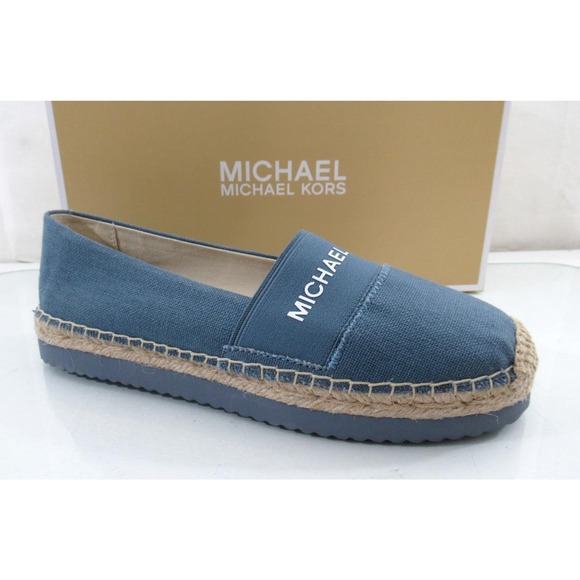 Michael Kors Vicky Espadrille Platform Flat Shoes Canvas MK Logo Denim - Picture 1 of 6